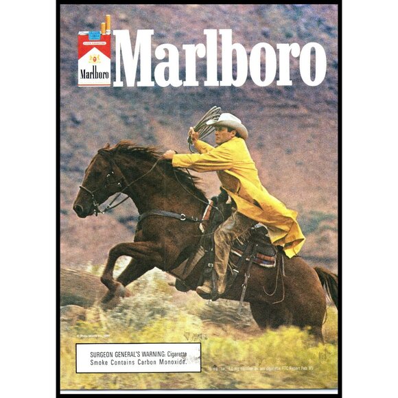 1987 Marlboro Cigarettes Cowboy Horse Galloping Raincoat Hat Man Cave Wall Art - Picture 1 of 1